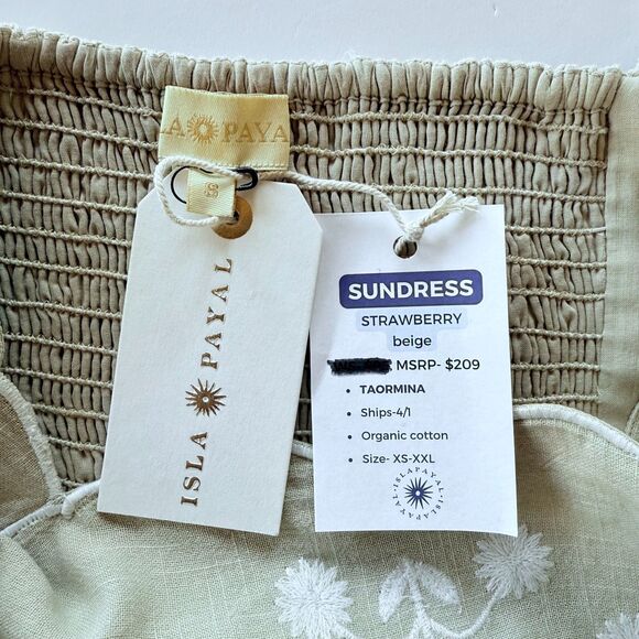 NWT Isla Payal Taormina Strawberry Beige & White Embroidered Cotton Maxi Dress S - Picture 5 of 12